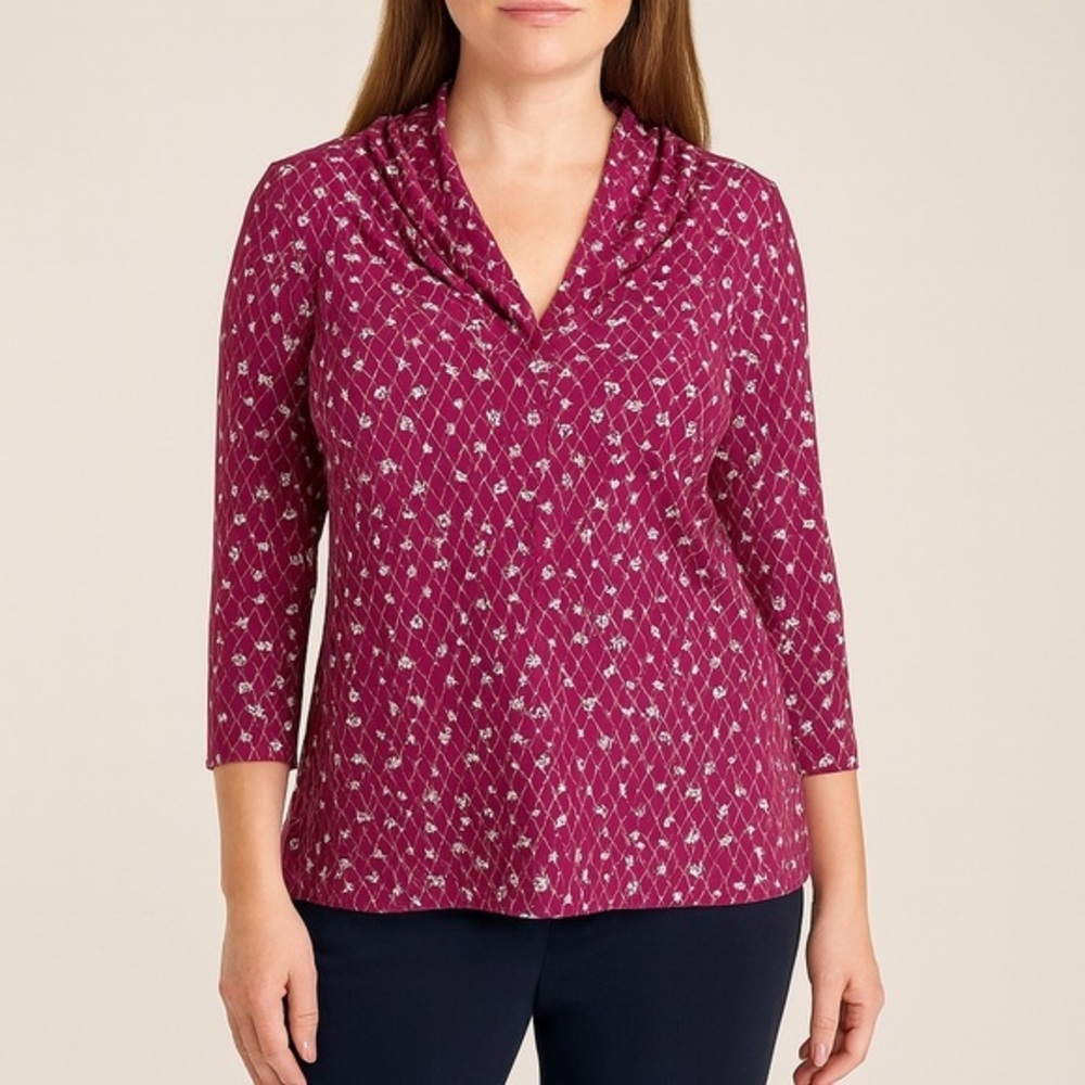 Charter Club Maroon White Print 3/4 Sleeve Blouse Top Business NWT MP #1106